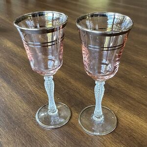 VTG 1 oz Liqueur/Cordial Glasses Pink w/ Silver Band Rope-Twist Stem MID CENTURY